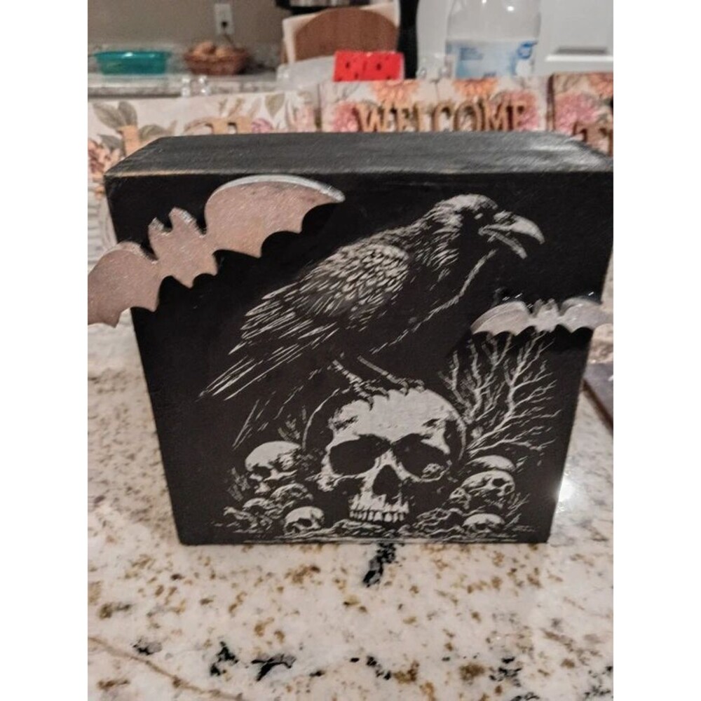 Handcrafted shelf desk sitter skull raven bats